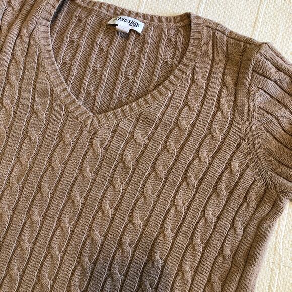 VTG 90s Taupe Cable Knit V-Neck Sweater Quiet Luxury Classic Preppy Tag L Fits M - Picture 6 of 9